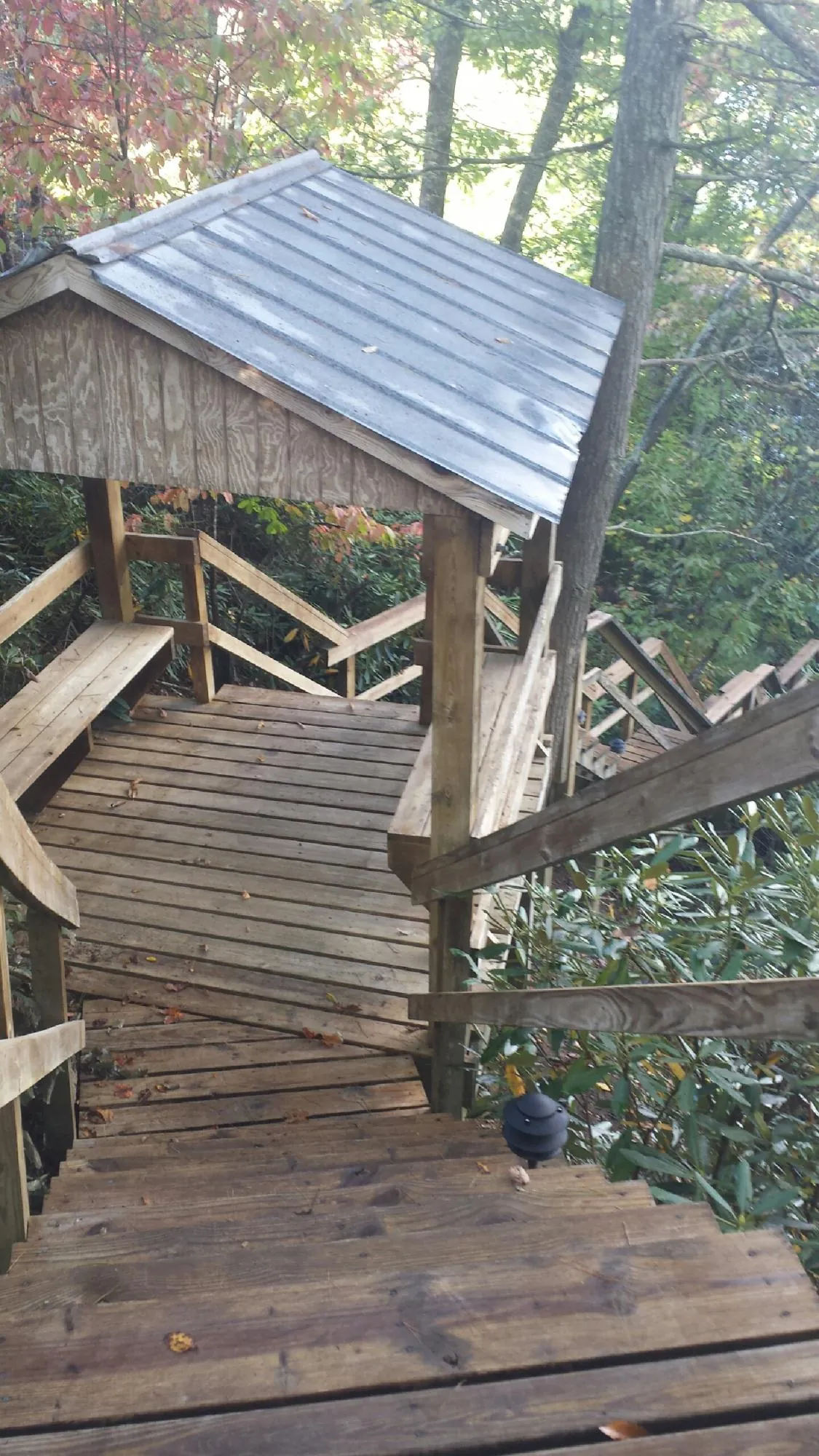 Metal roofed shelter over wooden steps on a wooded walkway — Skylight Repair & Installation work by our crew in Edna